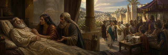 Bathsheba and Nathan speaking with elderly David while Adonijah holds a rival feast